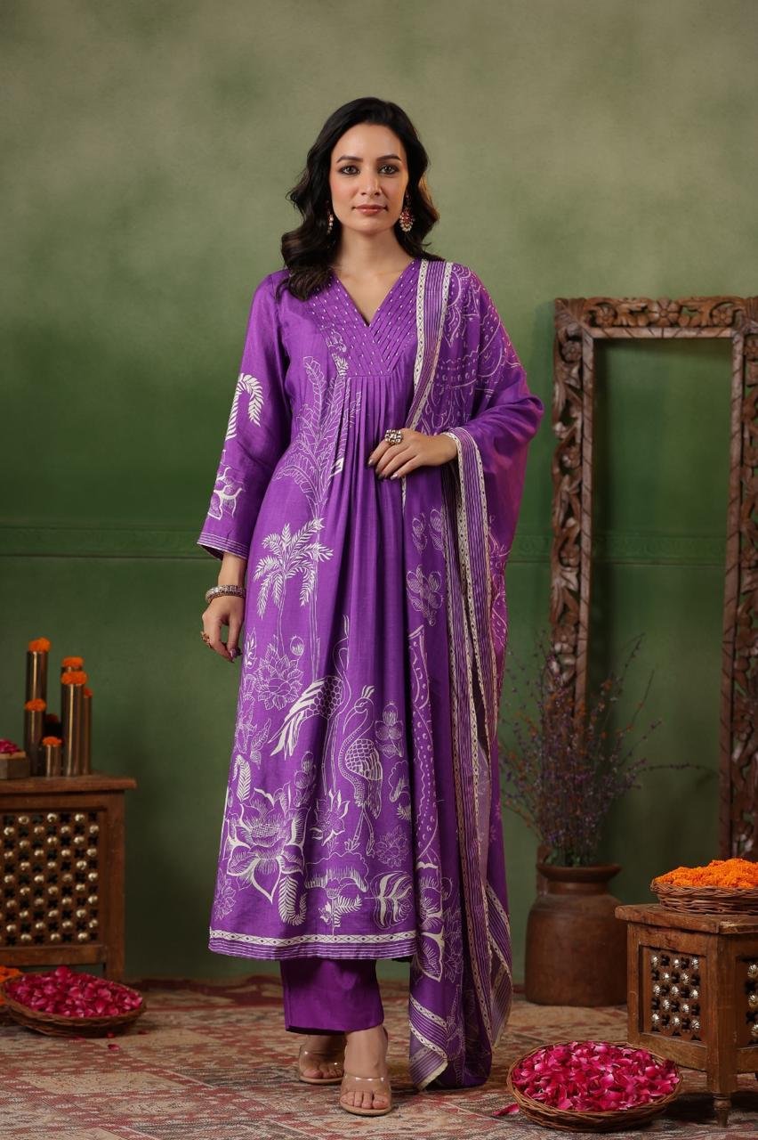 Vibrant V-Neck purple soft muslin kurta with prints & pearl work, with solid pants and dupatta