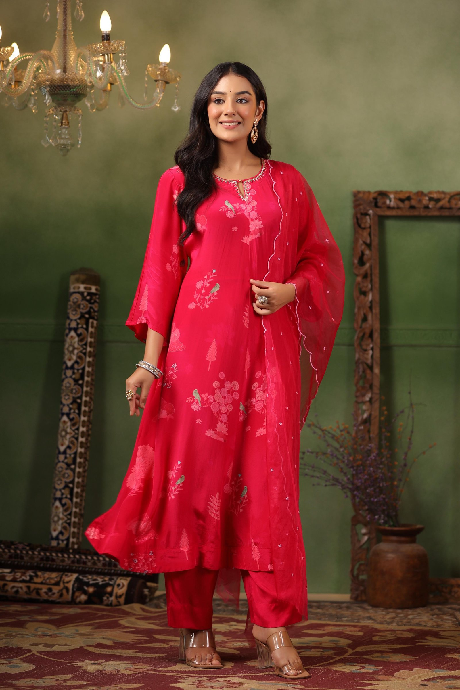 Vibrant Hot pink Crape A-Line kurta with Chandon Pant and organza scalloped thread work Dupatta